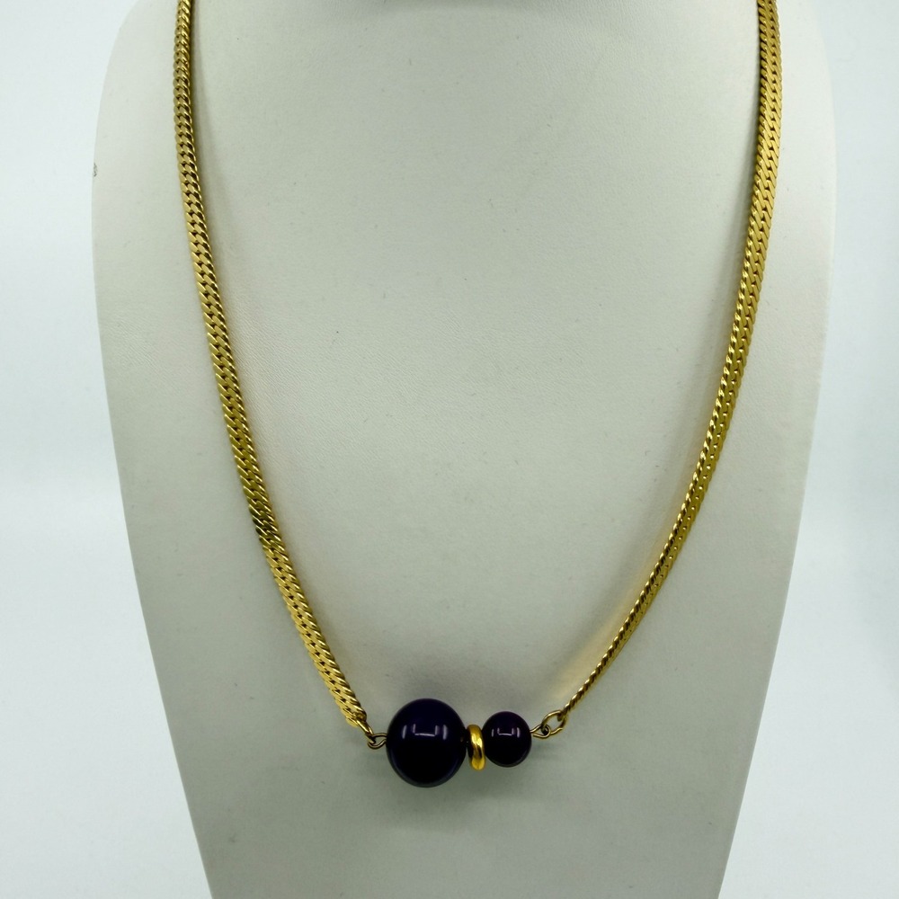 Gold Tone Chain Necklace with Rich Purple Beads Statement Boho Festival Piece
